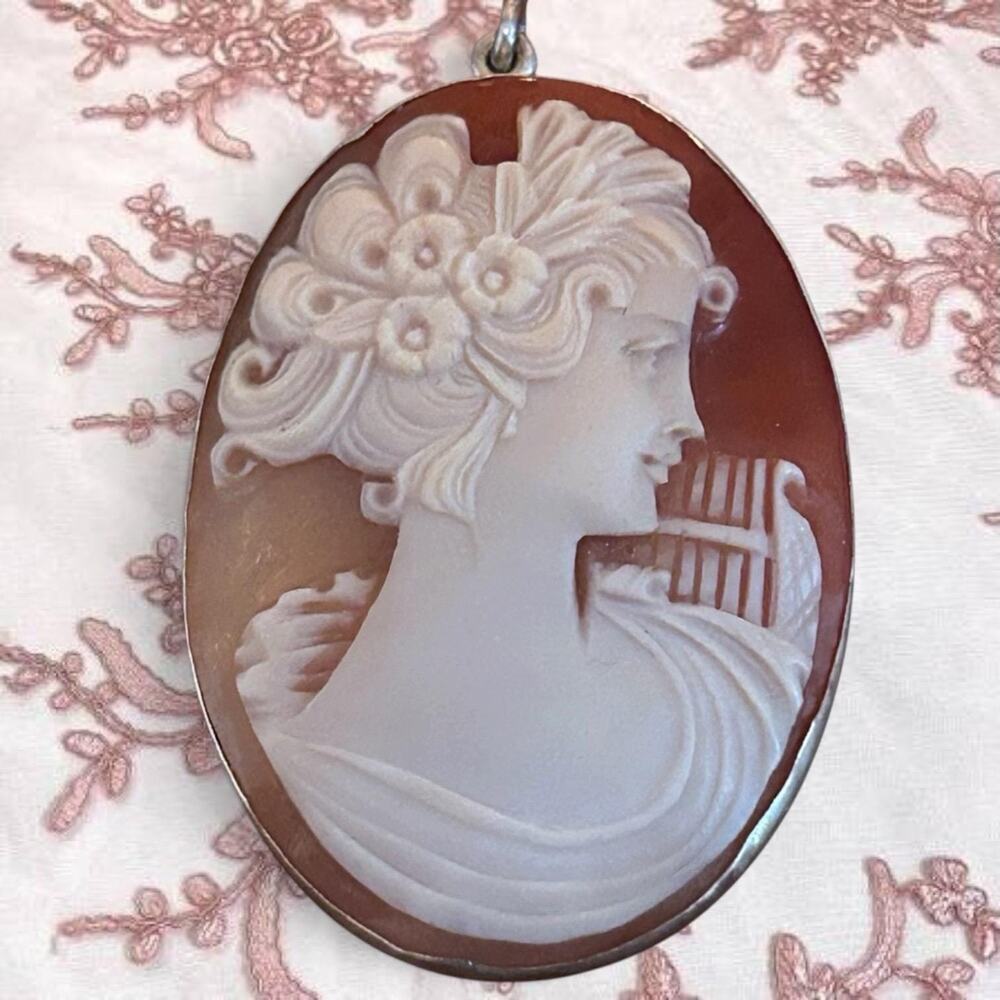 Large Sterling Silver Shell Cameo Pendant Lady with Lyre  Cameo 925 Italy